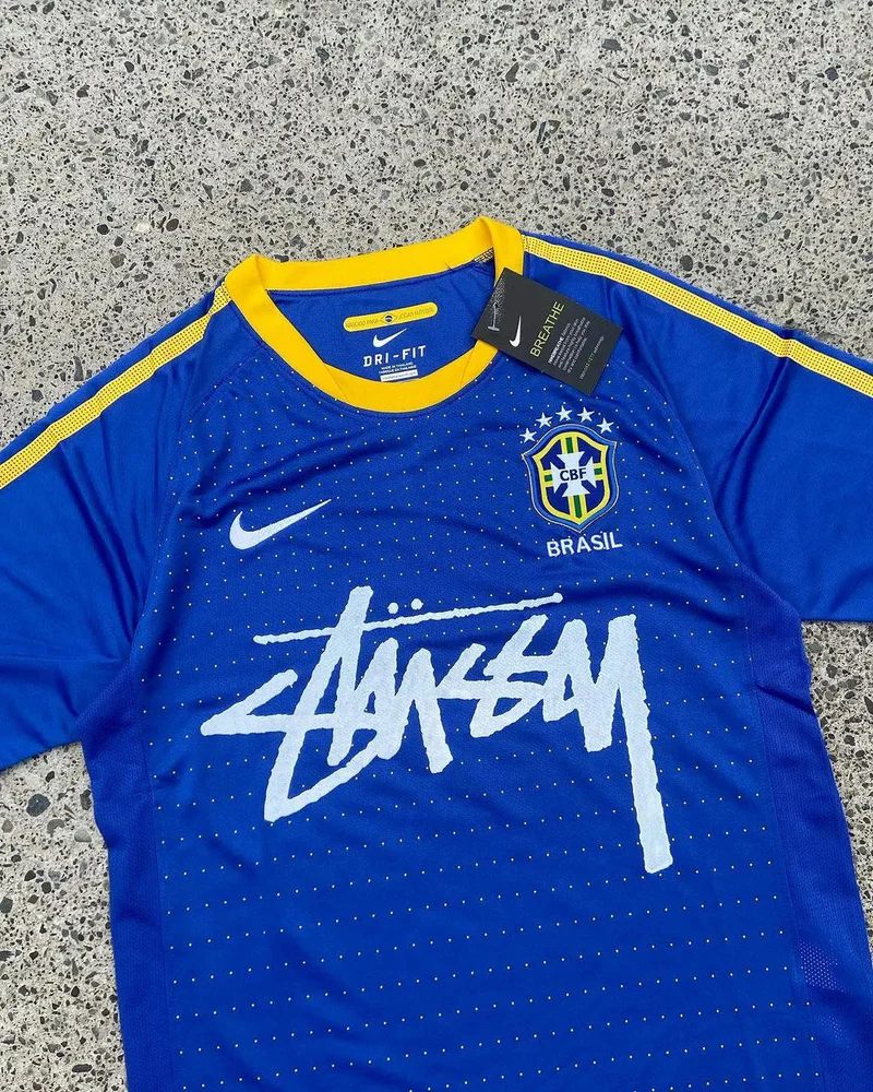 Blue Yellow White Nike Streetwear Football Top Stussy Special Edition 2010 2011 T Shirt Top Kit World Cup Brasil Brazil Away