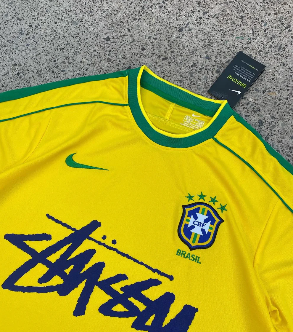 Yellow Green Nike Streetwear Football Top Stussy Special Edition 1998 1999 T Shirt Top Kit World Cup Brasil Brazil Home R9