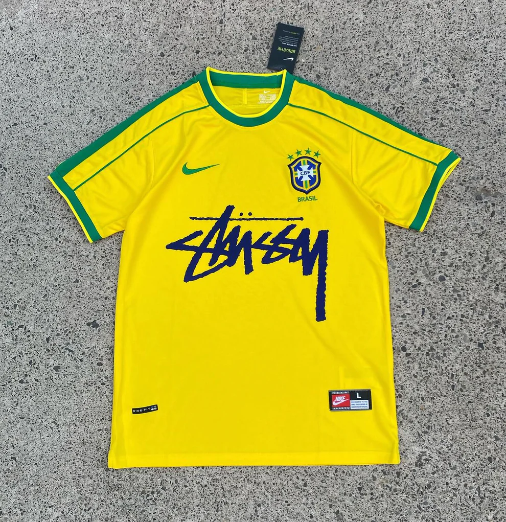 Yellow Green Nike Streetwear Football Top Stussy Special Edition 1998 1999 T Shirt Top Kit World Cup Brasil Brazil Home R9
