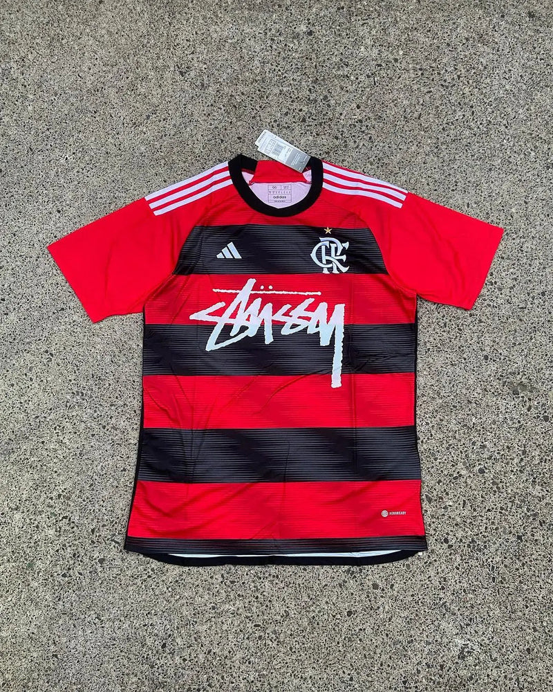 Red  Black Adidas Streetwear Football Top Stussy Special Edition 2023 2024 T Shirt Top Kit Brasil Brazil Flamengo Home