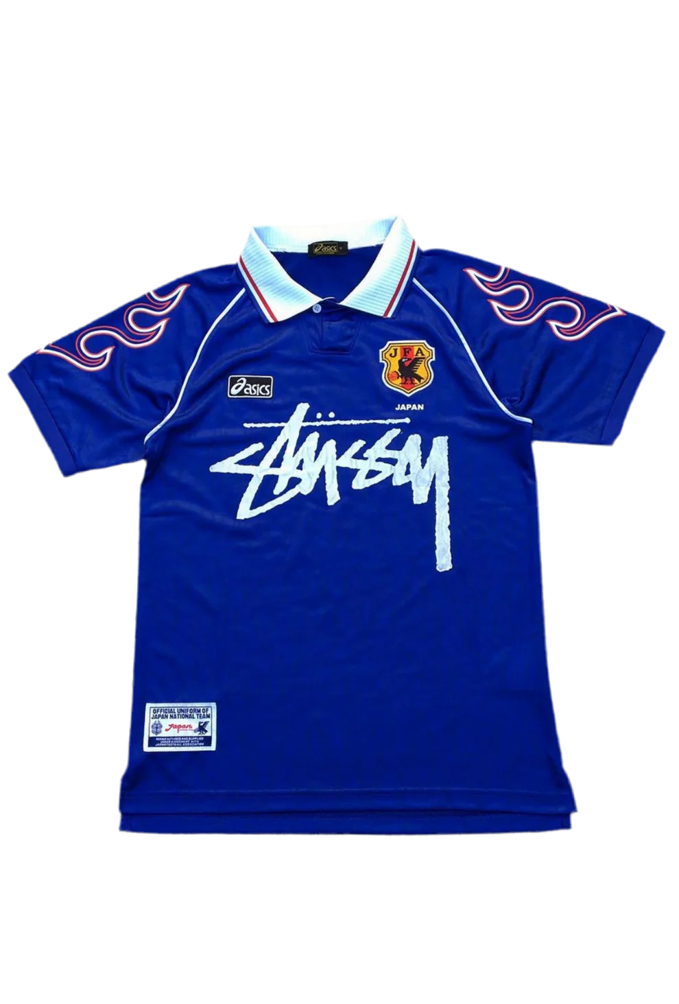 Blue White Asics Streetwear Football Top Stussy Special Edition 1998 1999 T Shirt Kit World Cup Japan Flame Jersey Home Maeda