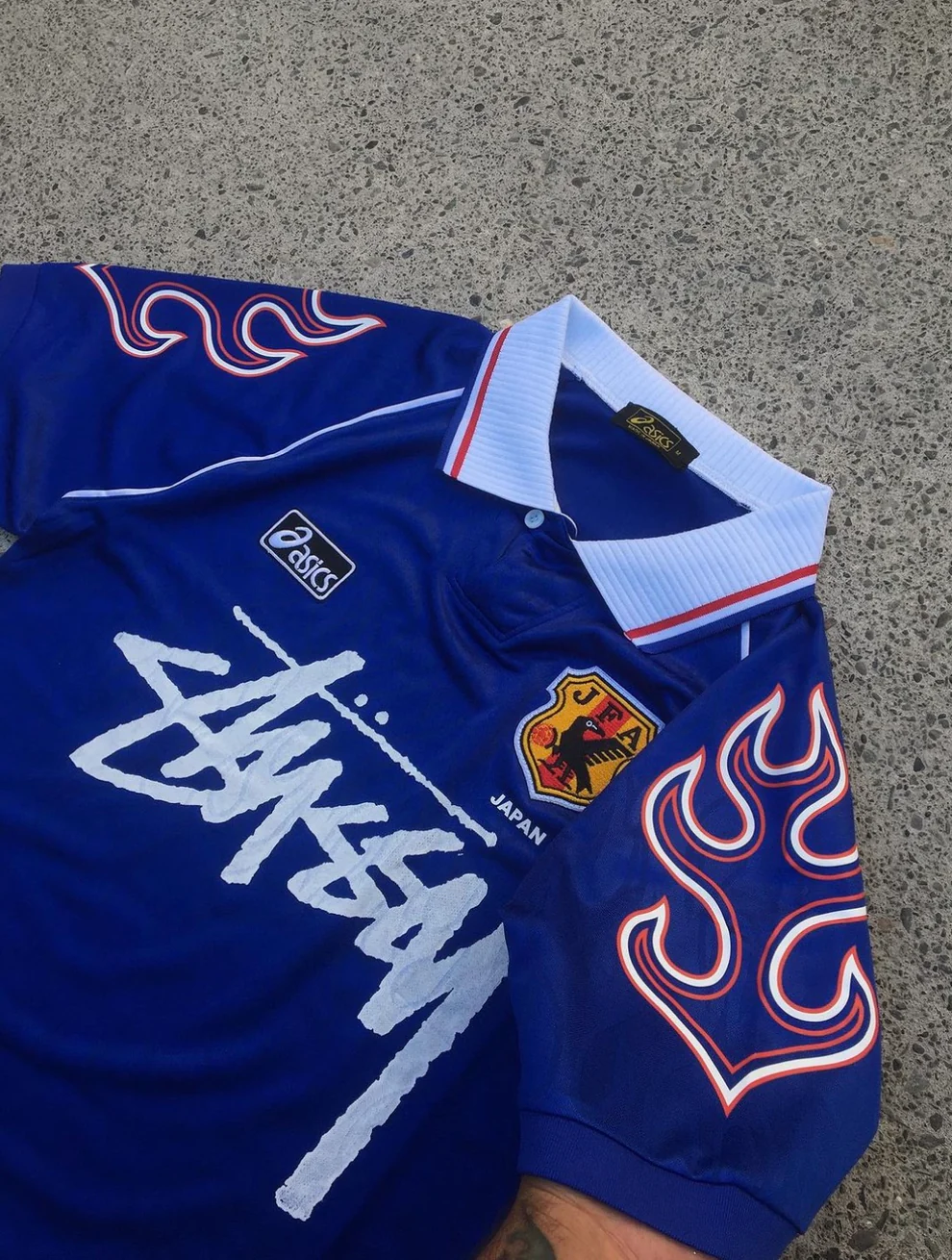 Blue White Asics Streetwear Football Top Stussy Special Edition 1998 1999 T Shirt Kit World Cup Japan Flame Jersey Home Maeda