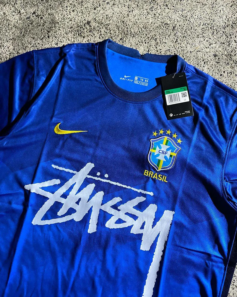 Blue Nike Streetwear Football Top Stussy Special Edition 2020 2022 T Shirt Top Kit World Cup brasil brazil away